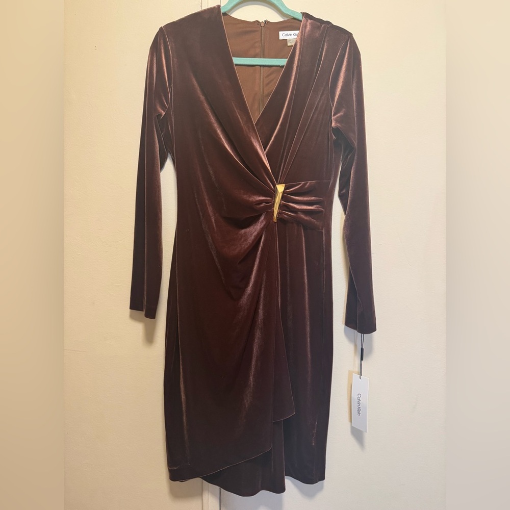 Calvin Klein Faux Wrap Brown Velvet Dress